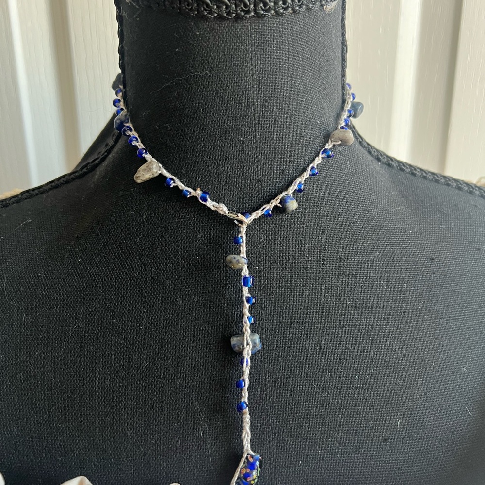 Handmade Crochet Lapis Beaded  Necklace - Women Jewelry